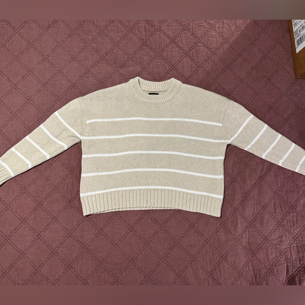 Quince Organic Cotton Striped Crew Sweater - Speckled Beige/Ivory Size Small EUC